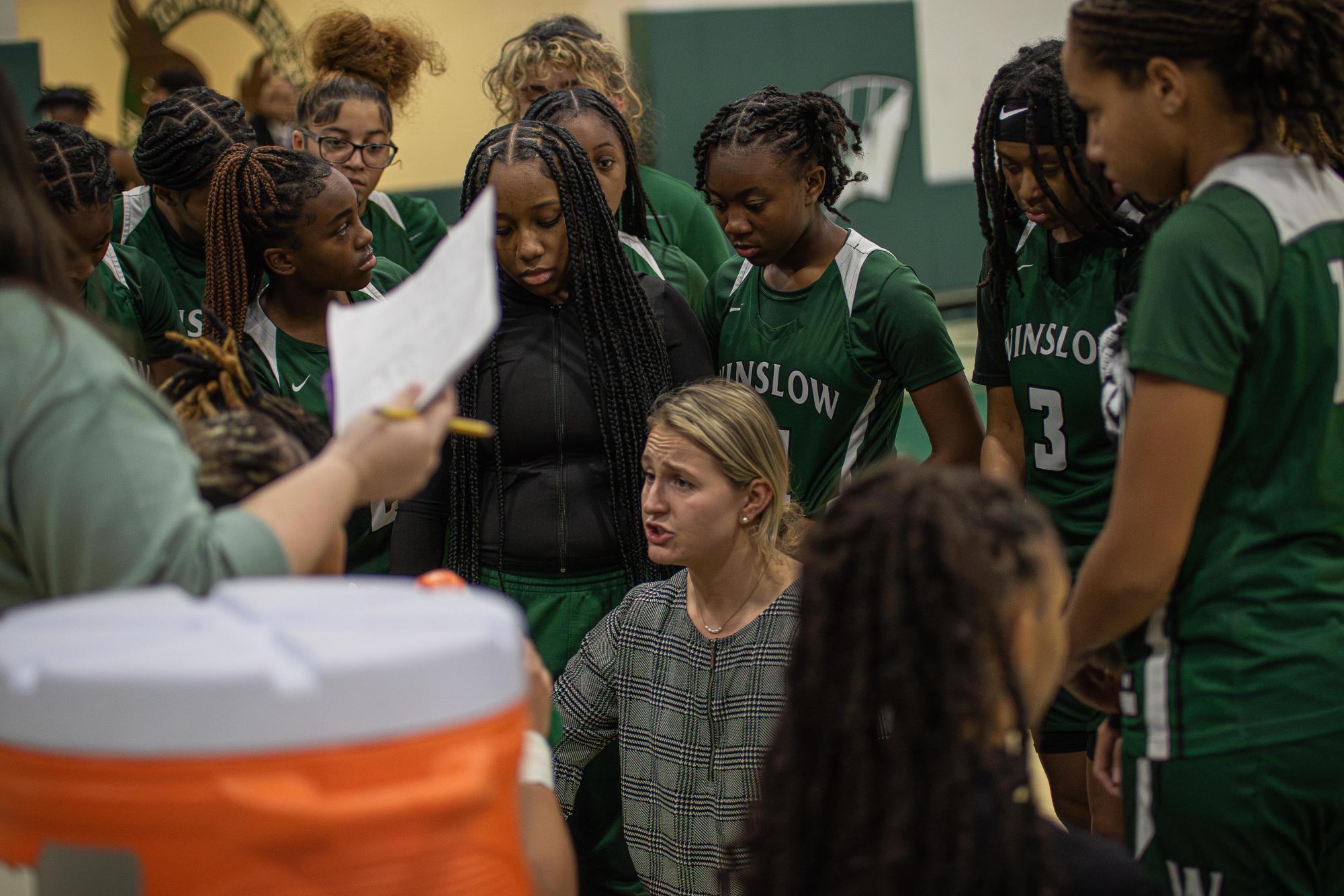 Girls Basketball Coach Huddle